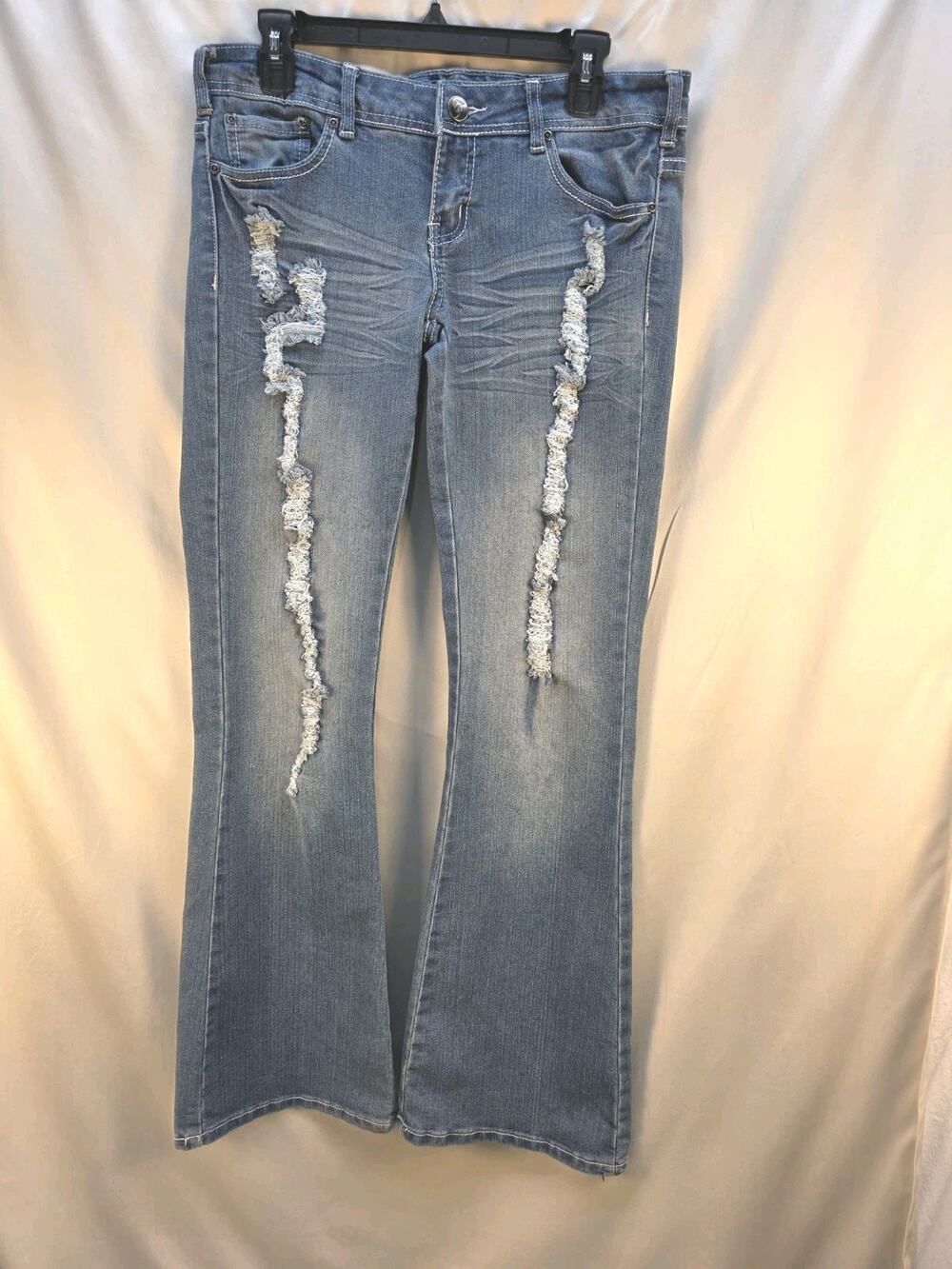 Rue 21 Premiere Juniors Size 7/8 Distressed Jeans Vtg Y2k Flared Festival Hippie